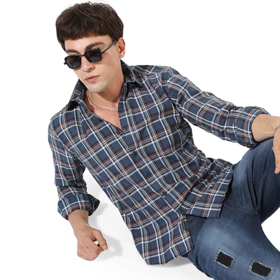 Shop Campus Sutra Men's Checkered Casual Shirt In Blue