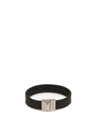 Shop Saint Laurent Logo Engraved Stud Bracelet In Black