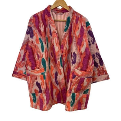 Shop Behotribe  &  Nekewlam Jacket Pure Cotton Quilted Reversable Ikat Pink Jade