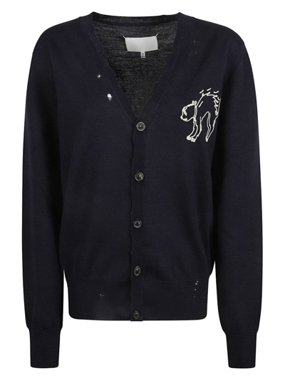 Shop Maison Margiela Cat Embroidered Knit Cardigan In Navy
