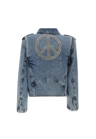 Shop Moschino Jeans "peace Symbol" Biker Jacket In Blue