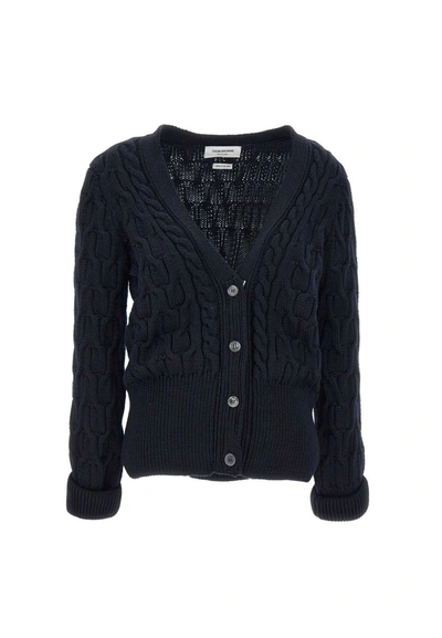 Shop Thom Browne "crisscross Cable Stitch"  Wool Cardigan In Blue