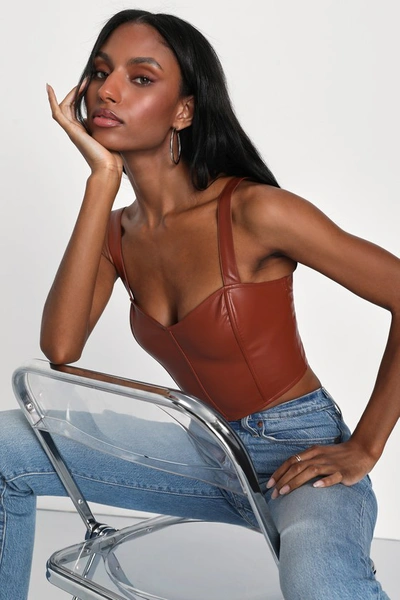 Lulus Effortlessly Fierce Brown Vegan Leather Bustier Crop Top