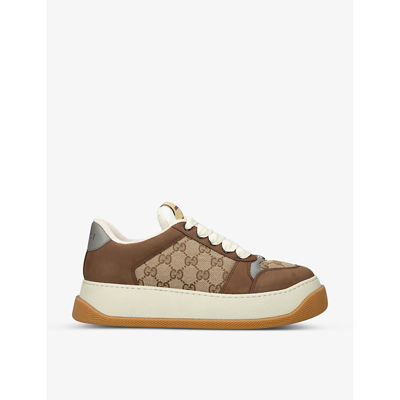 Shop Gucci Men's Brown/oth Double Screener Woven And Suede Low-top Trainers