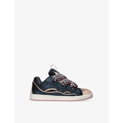 Shop Lanvin Curb Metallic-leather Trainers 9-10 Years In Navy
