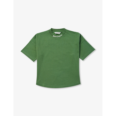Shop Palm Angels Boys Green White Kids Logo-print Cotton-jersey T-shirt 4-12 Years