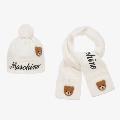 Shop Moschino Kid-teen Ivory Knitted Hat & Scarf Gift Set