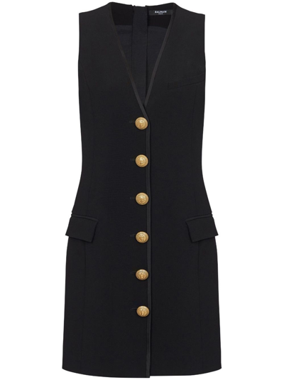Shop Balmain V-neck Sleeveless Buttoned Crepe Short Dress In Black  