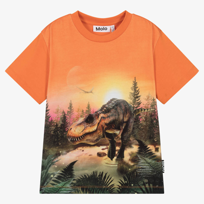 Shop Molo Boys Orange Cotton T-rex Lake T-shirt