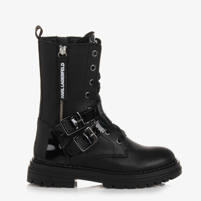Shop Karl Lagerfeld Kids Girls Black Leather Lace-up Boots