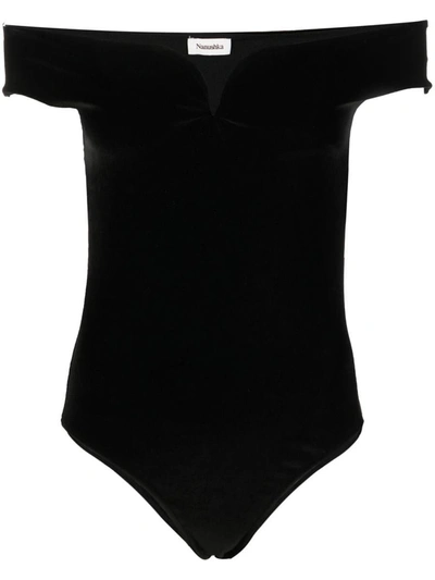 Shop Nanushka Gesa Fitted Velvet Bodysuit In Black