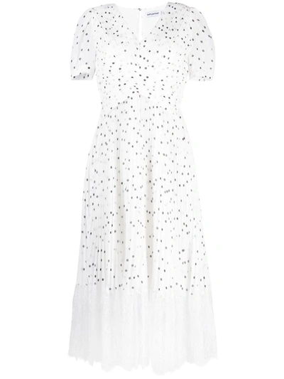 Shop Self-portrait Lace-trim Polka-dot Midi Dress In Monochrome