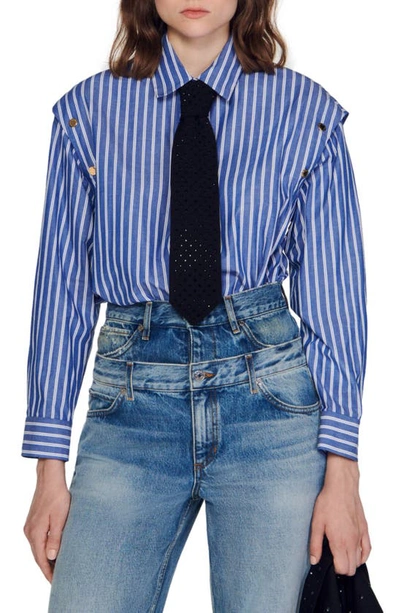 Shop Sandro Muscade Stripe Boxy Button-up Shirt In Blue