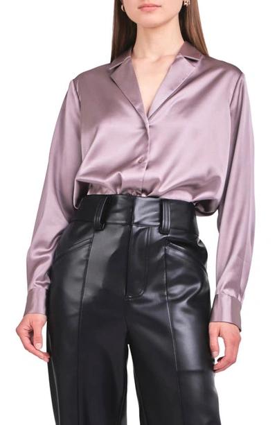 Shop Endless Rose Satin Button-up Blouse In Taupe
