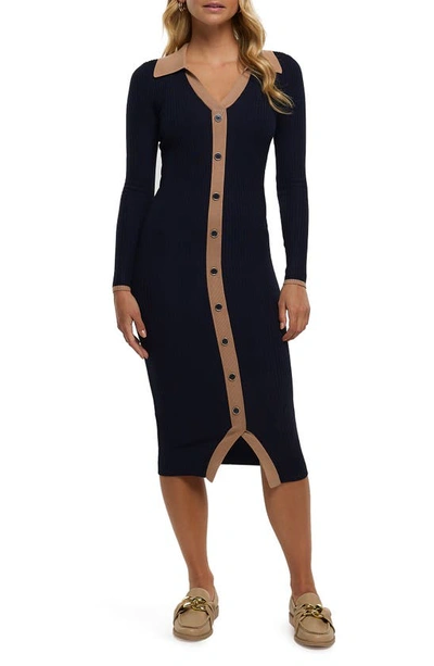 River Island Long Sleeve Rib Midi Sweater Dress In Navy | ModeSens