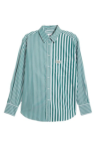 Shop Lacoste X Bandier Mix Stripe Cotton Button-up Shirt In Roquette/ Blanc