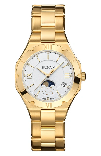 Shop Balmain Be  Diamond Moon Phase Bracelet Watch, 33mm In Yellow Gold Pvd Coating