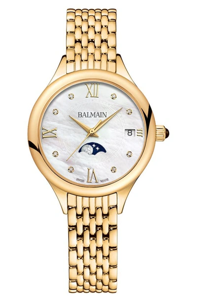 Shop Balmain Mother-of-pearl Diamond Moon Phase Bracelet Watch, 31mm In Yellow Gold Pvd Coating