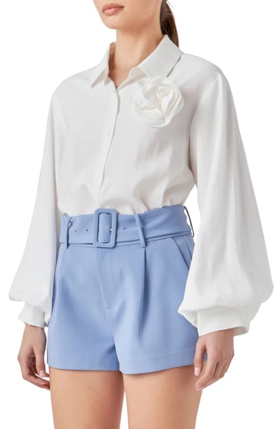 Endless Rose Women's Corsage Blouson Collared Top In White