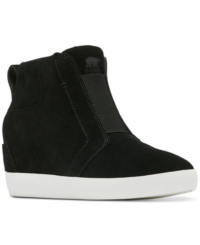 Shop Sorel Women's Out N About Pull-on Hidden Wedge Booties Women's Shoes In Black/sea Salt