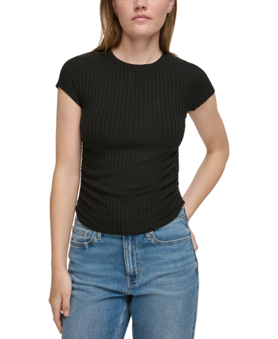 Shop Calvin Klein Jeans Est.1978 Women's Short-sleeve Side-ruched Crop Top In Black