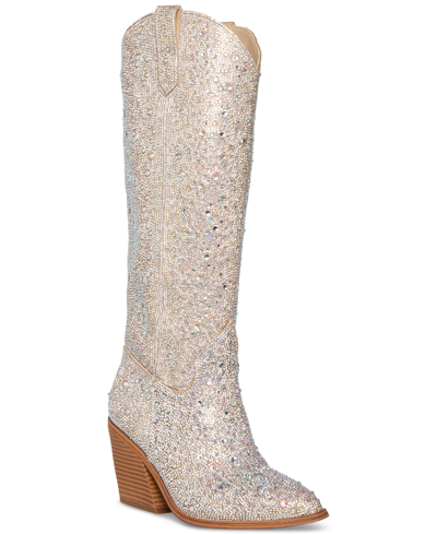 Shop Madden Girl Arizona-r Rhinestone Embellished Knee High Cowboy Boots In Crystal Rhinestone