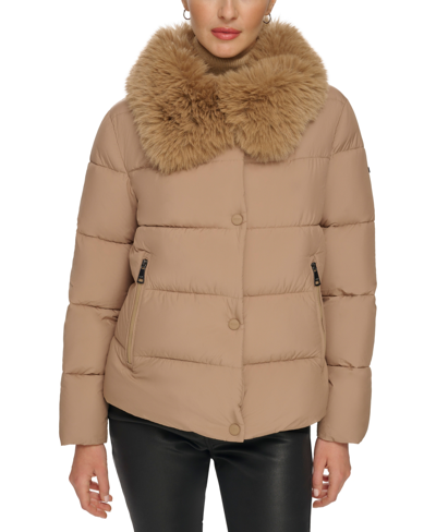Shop Dkny Women's Faux-fur-trim Collar Puffer Coat In Camel