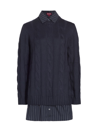 Shop Staud Women's Aldrin Cable-knit Layered Sweater Dress In Navy Navy Pinstripe