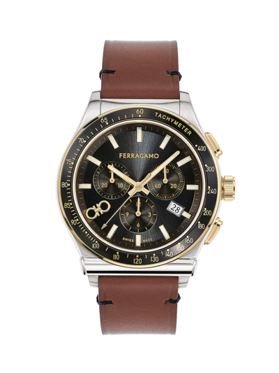 Shop Ferragamo Men's  1927 Chronograph Stainless Steel & Leather Strap Watch/42mm In Brown Stainless Steel