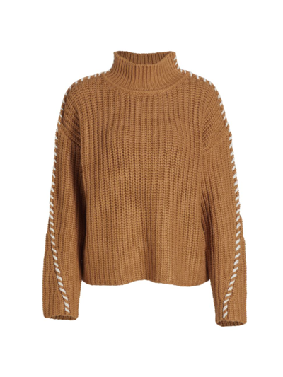 Shop Design History Women's Whipstitch Relaxed Turtleneck In Camel Ecru
