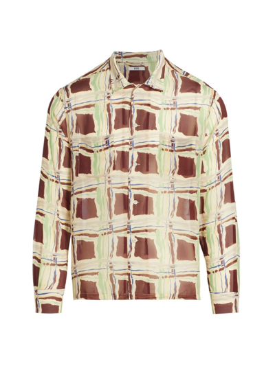 Shop Bode Men's Ripple Plaid Silk Button-front Shirt In Brown Multi