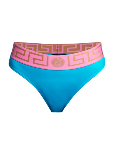 Shop Versace Women's Greca Border Bikini Briefs In Mediterranean Blue Flamingo