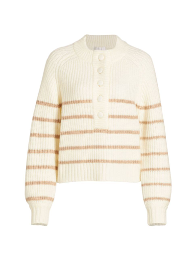 Shop Design History Women's Striped Half-button Sweater In Ecru Walnut