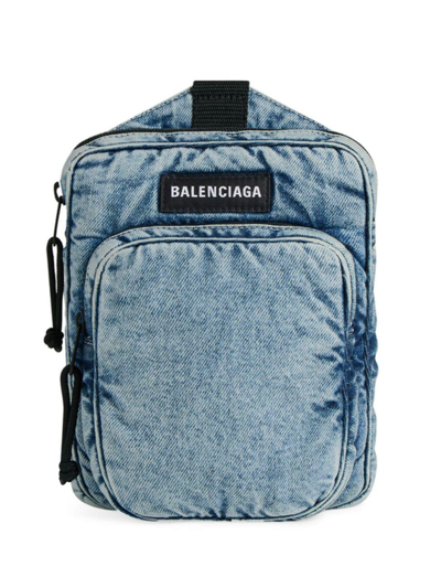 Shop Balenciaga Men's Explorer Crossbody Messenger Bag Denim In Faded Blue