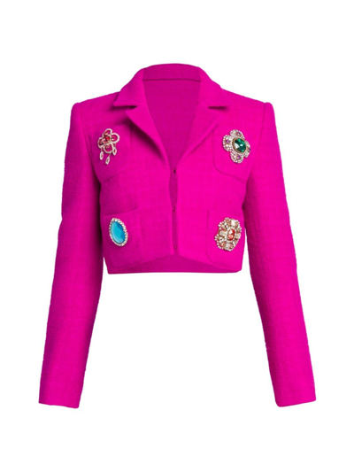 Shop Moschino Women's Cropped Brooch-embellished Blazer In Fucsia