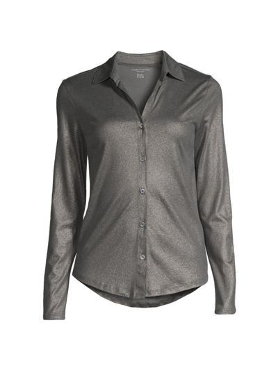 Shop Majestic Women's Metallic Button-front Shirt In Carbone