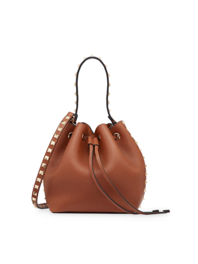 Small Rockstud Grainy Calfskin Crossbody Bag for Woman in Saddle Brown