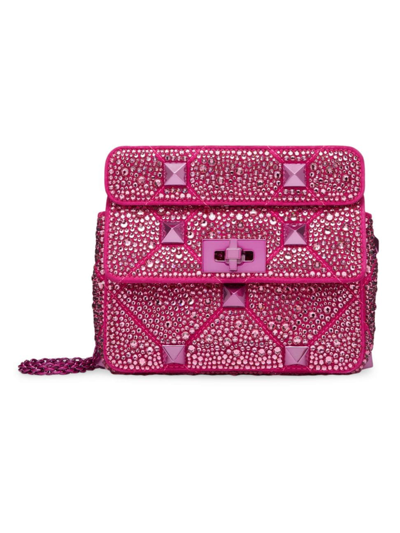 Shop Valentino Women's Small Roman Stud The Shoulder Bag Chain With Sparkling Embroidery In Pink Pp