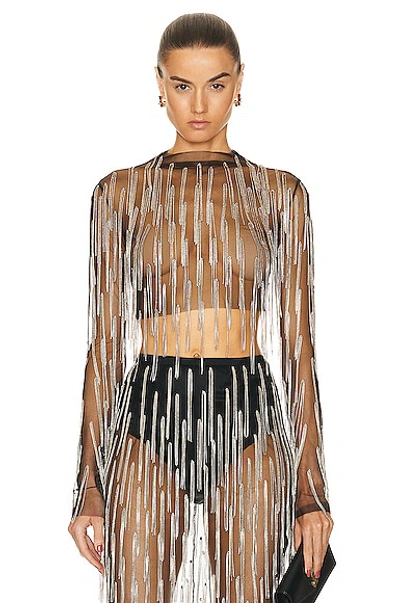 Lapointe Crystal Fringe Mesh Long-sleeve Top In Black