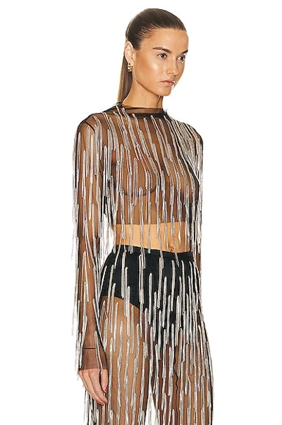 Lapointe Crystal Fringe Mesh Long-sleeve Top In Black