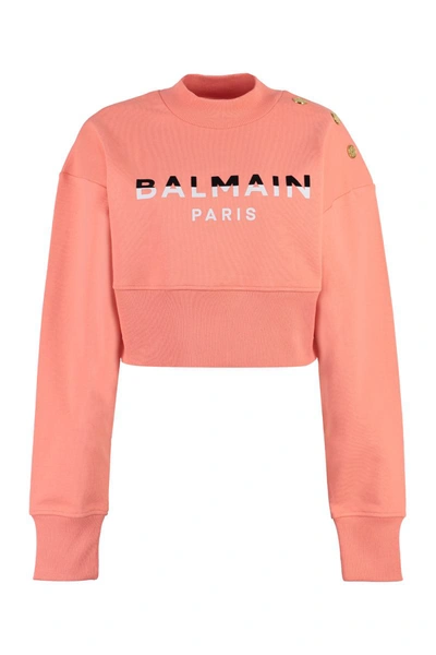 Shop Balmain Cotton Crew-neck Sweatshirt In Coral