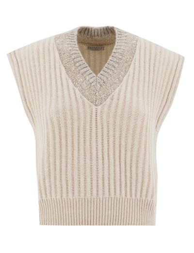 Brunello Cucinelli Ribbed Cashmere Waistcoat With Dazzling Neckline In Marmo
