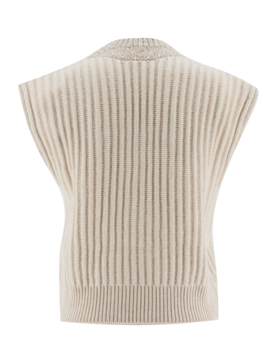 Brunello Cucinelli Ribbed Cashmere Waistcoat With Dazzling Neckline In Marmo