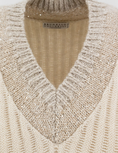 Brunello Cucinelli Ribbed Cashmere Waistcoat With Dazzling Neckline In Marmo