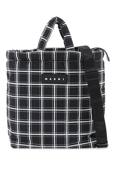 Shop Marni Check Print Tote Bag In Black (white)