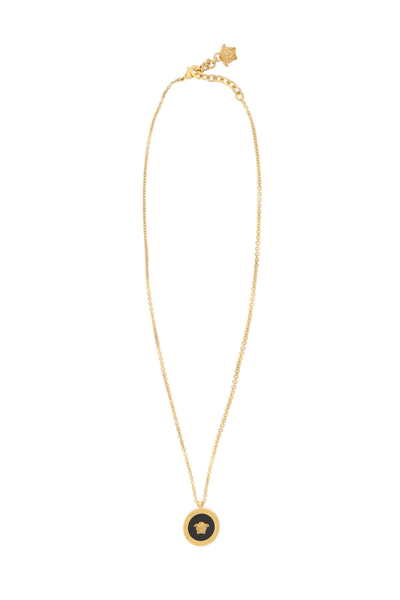 Shop Versace Enameled Medusa Necklace In Black Tribute Gold (gold)