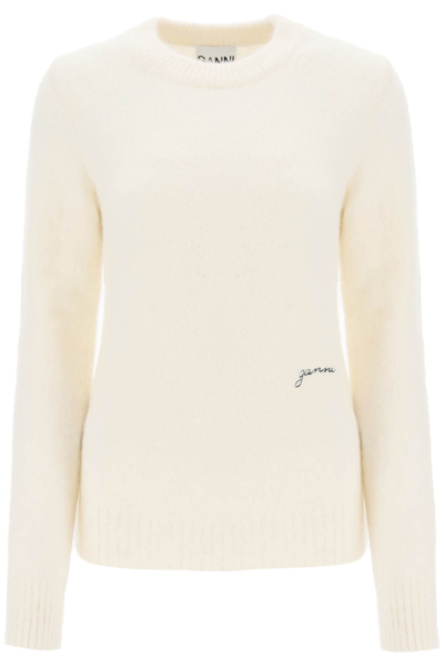 Shop Ganni Sweater In Brushed Alpaca Blend In Egret (white)