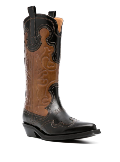 Shop Ganni Mid Shaft Embroidered Western Boot Bicol Blck In Brown
