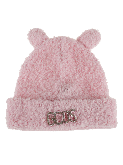 Shop Gcds Crystal Logo Embellished Fur Beanie In Pink