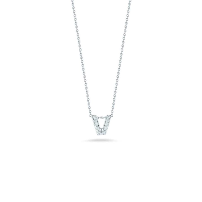 Shop Roberto Coin 18k White Gold 0.05ct Diamond Tiny Treasures Letter "v" Necklace - 001634awchxv In White, Gold-tone